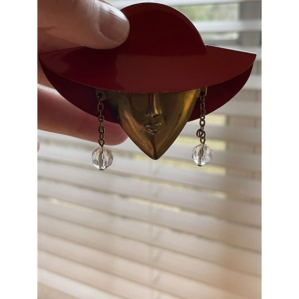 Vtg Large Brass & Enamel‎ Woman's Head Broach Dangling Earrings Art To Wear 80s